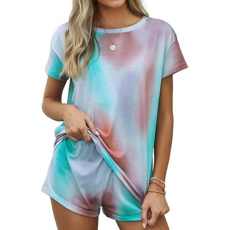 

HUBERY Women Crew Neck Short Sleeve Tie-Dyed Printed Waistband Sleepwear Set