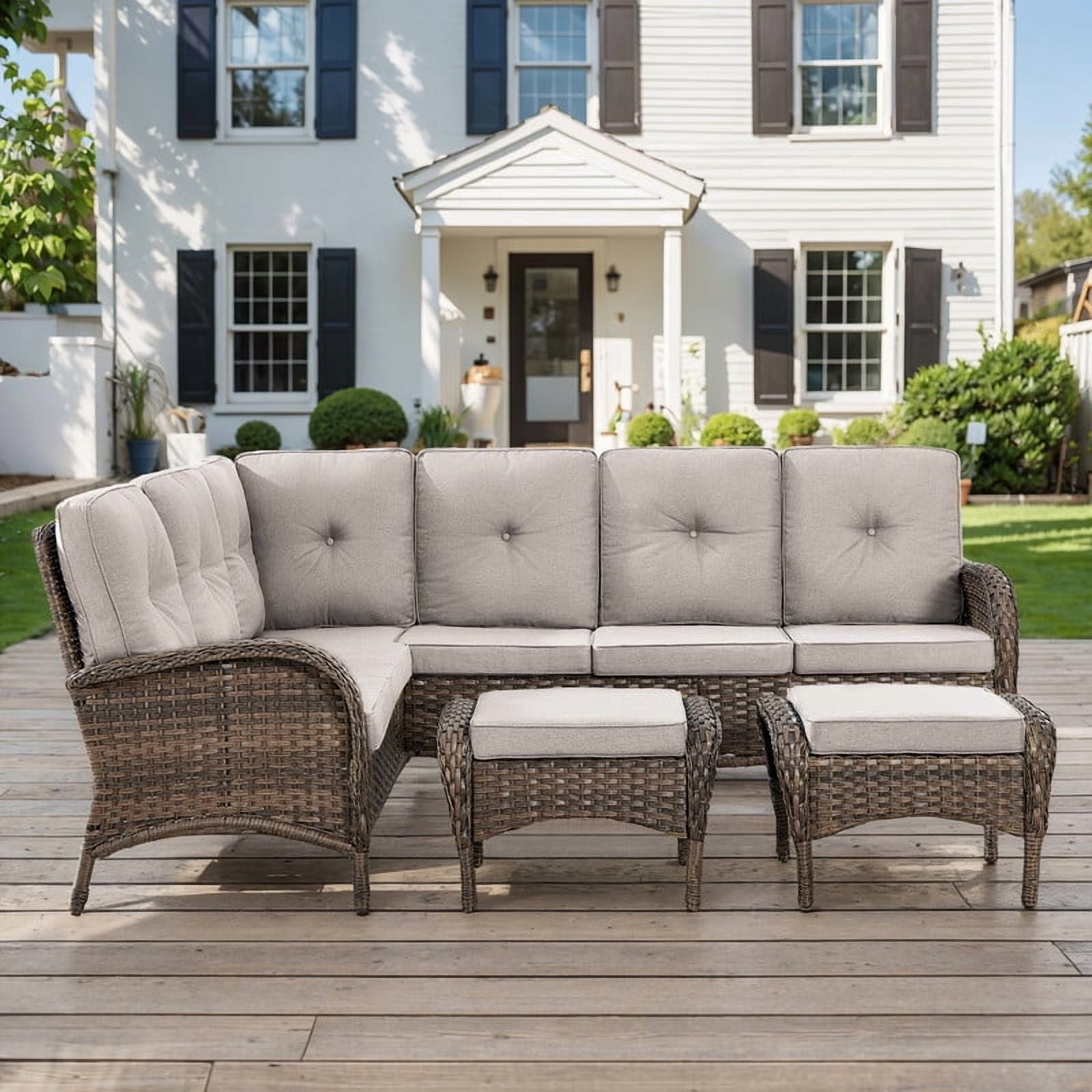 PARKWELL Outdoor Sectional Sofa Furniture Set,Patio Wicker L Shaped Couch High Back Conversation Set with Ottomans for Garden Yard,Brown Wicker Beige Cushion