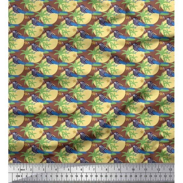 Soimoi Poly Georgette Fabric Bird,Palm Tree & Sun Nature Decor Fabric Printed Yard 42 Inch Wide