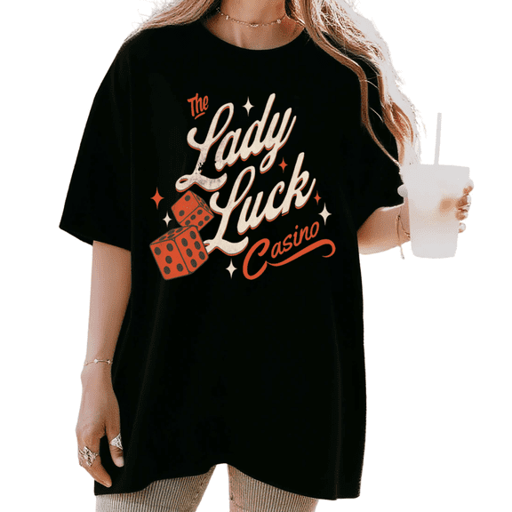 Women's The Lady Luck Casino Retro Dice Graphic Breathable T Shirt Casual Short Sleeve Round Neck Top Black S-5XL