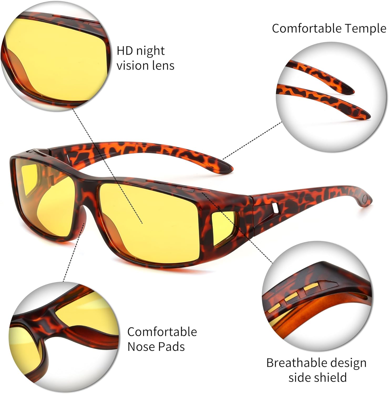 FEISEDY Men Women Night Driving Glasses Fit over Glasses Anti-Glare Polarized Wrap Yellow Sunglasses Over Glasses B2593