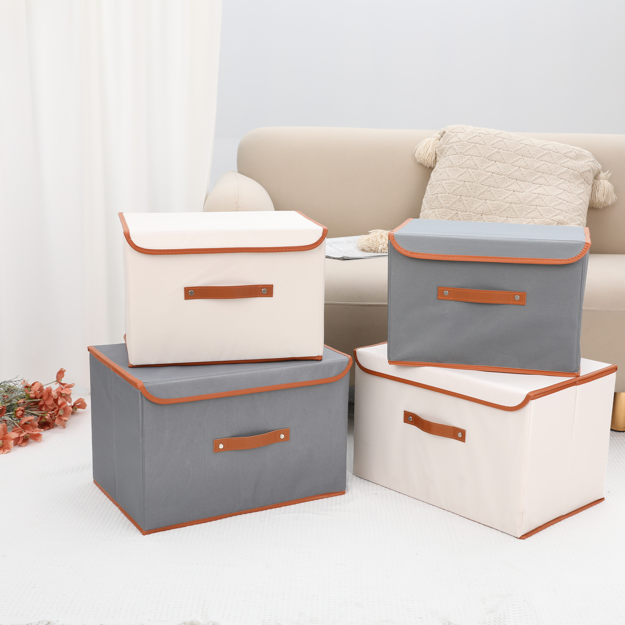 Unique Bargains Storage Cube Storage Bin with Handles Collapsible Storage Basket Beige M