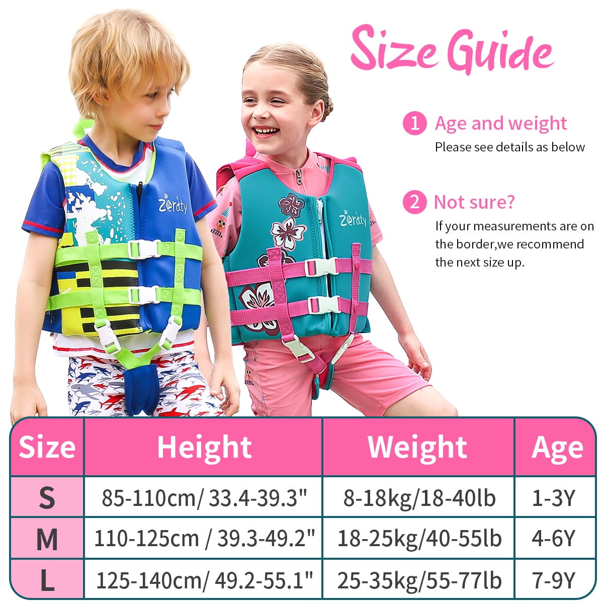 Zeraty Kids UV Resistant Sun Protection UV50 Adjustable Safety Strap Life Jacket, Pink