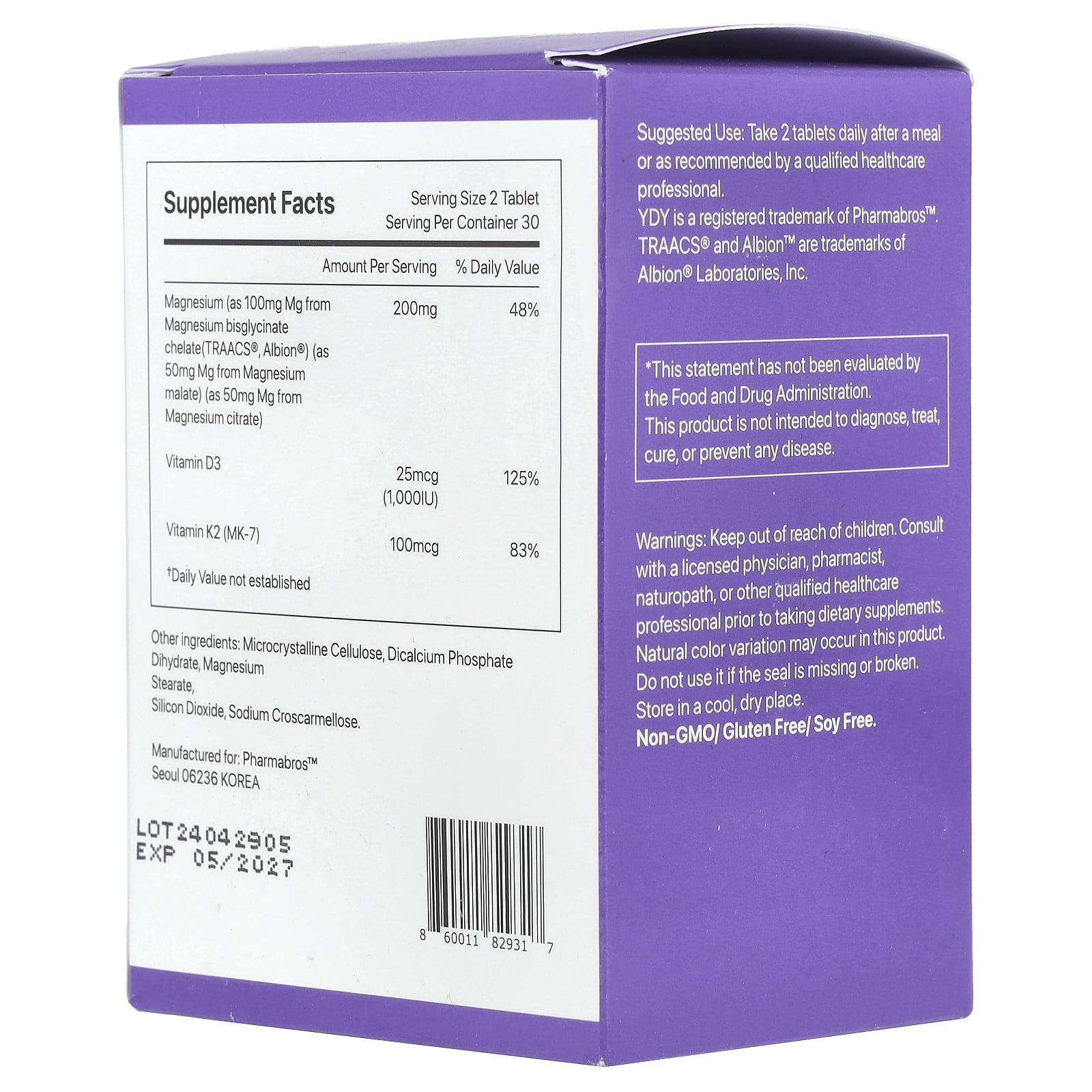 YDY Chelated Magnesium With K2, 60 Tablets