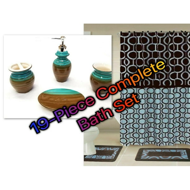 19Piece Complete Bathroom Set Rugs Shower Curtain Hooks Ceramic All