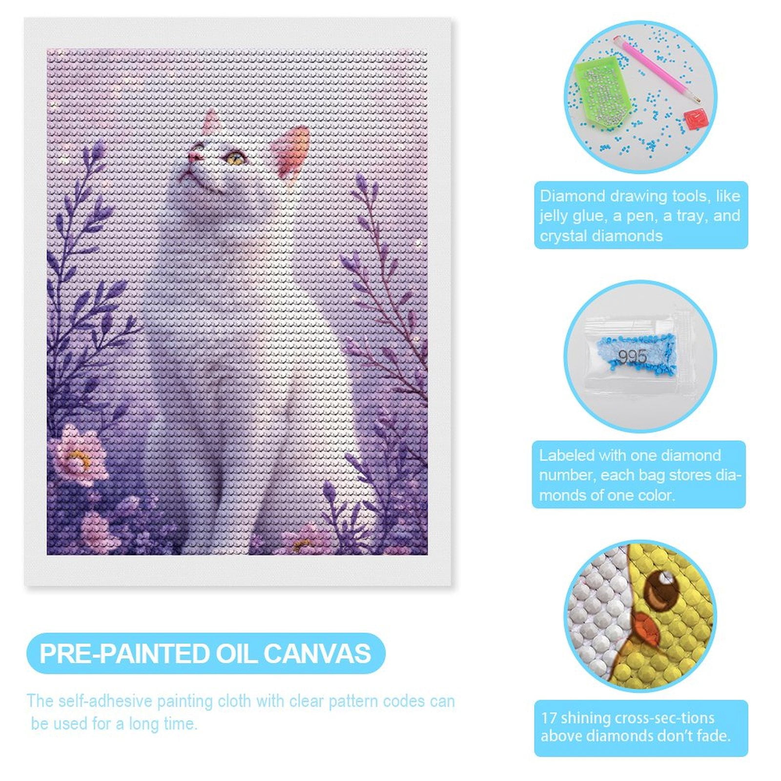 Diamond Art Kits for Adults, White Cat In Floral Garden Bliss 5D Diamond Painting Kits for Adults Beginners, DIY Full Drill Diamond Painting, Gem Art and Crafts 12x16