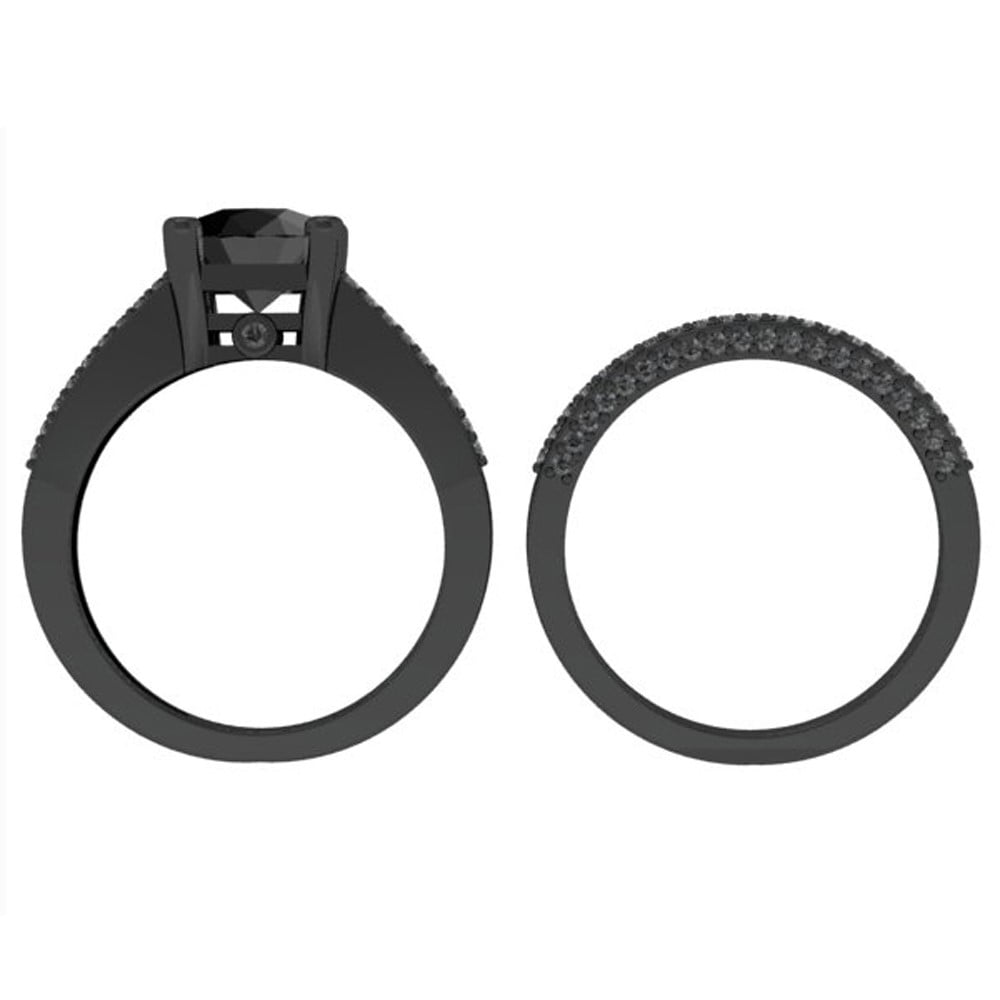 2.85 Carat (ctw) Black Rhodium Plated Sterling Silver Black Diamond Ladies Bridal Engagement Ring Set
