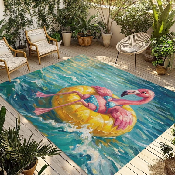 Funny Flamingo Swimming Ring Outdoor Rug for Patio/Deck/Porch, Non-Slip Large Area Rug 5 x 7 Ft, Abstract Art Ocean Indoor Outdoor Rugs Washable Area Rugs, Reversible Camping Rug Carpet Runner
