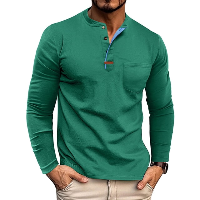 Blusas y camisas de manga larga con cuello redondo para hombre, estilo casual, a la moda, de color liso, transpirables, de manga larga, con cuello redondo y bolsillos con botones, blusa de poliéster p