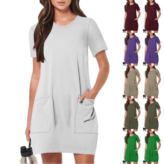 HBBIKVI Patch Pocket T-Shirt Dress for Women Casual Short Sleeve Mini Dress with Round Neckline and Relaxed Fit for Everyday Comfort