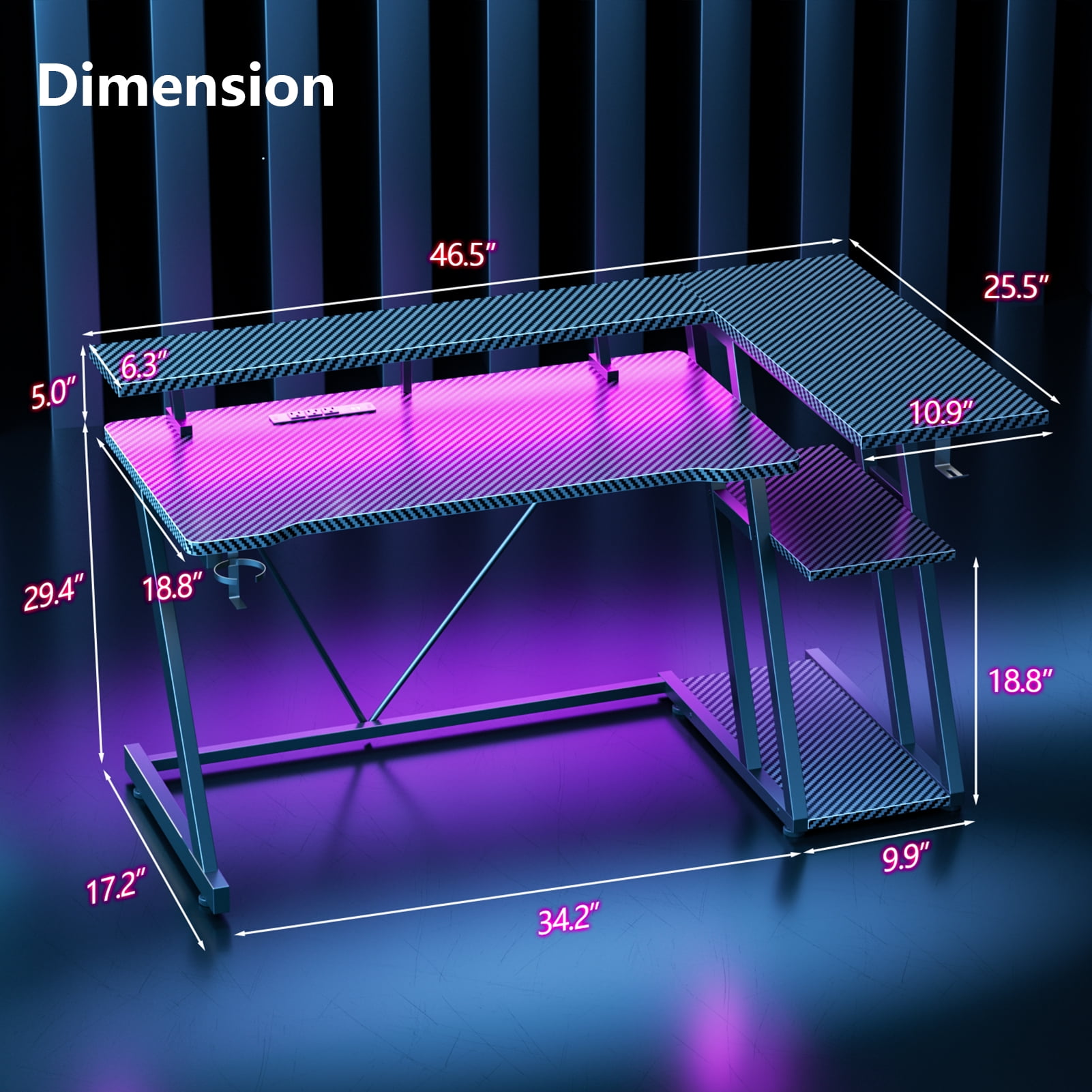 Satifur 47" Pro L-Shaped Gaming Desk Black, RGB LED, Power Hub & Monitor Riser for Ultimate Setup