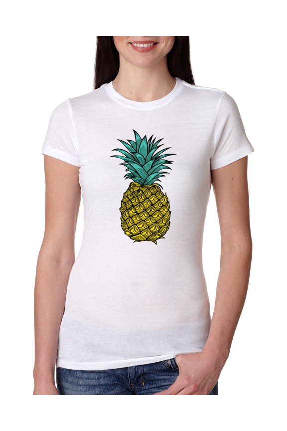 , Trendy Tropical Pineapple, Fashion, Women Slim Fit Junior Tee, White, Medium