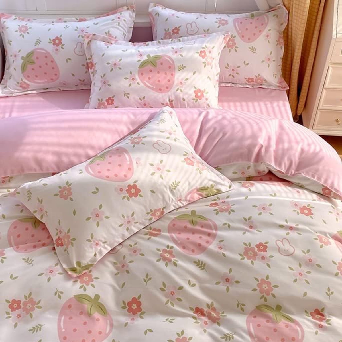 BlessLiving 3Pcs Duvet Cover Set King Size, Pink Strawberry Bedding Set for Kids Girls