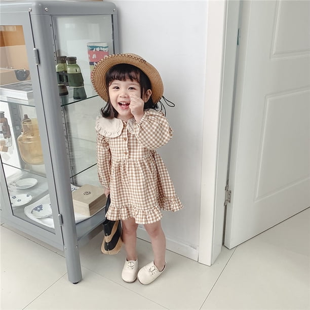 Vestido informal para niñas pequeñas, ropa a cuadros, verano 2022, nuevo vestido coreano de algodón y lino para niñas, vestido de princesa con cuello vuelto grande Tan Jianjun unisex