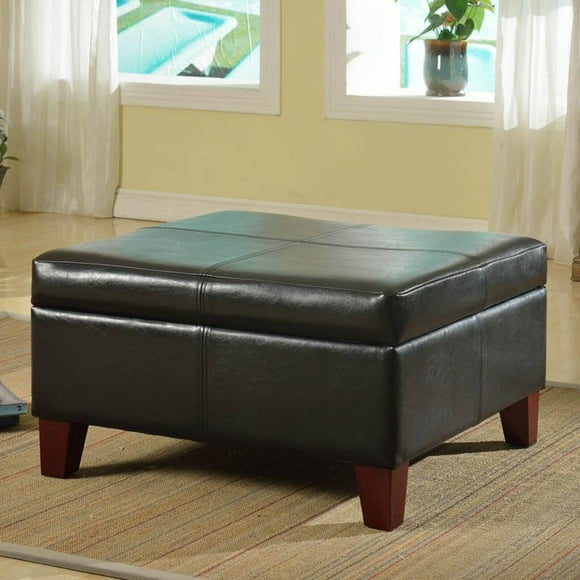 HomePop Faux Leather Square Storage Ottoman Coffee Table with Wood Legs, Black