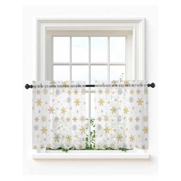 Christmas Snowflake Tier Curtains 24 Inch Length,Sheer Curtains for Bedroom Living Room Window Yellow White Xmas Winter Snowflake Voile Drapes Kitchen Curtains Small Half Window 27.5"x24" 2 Panels