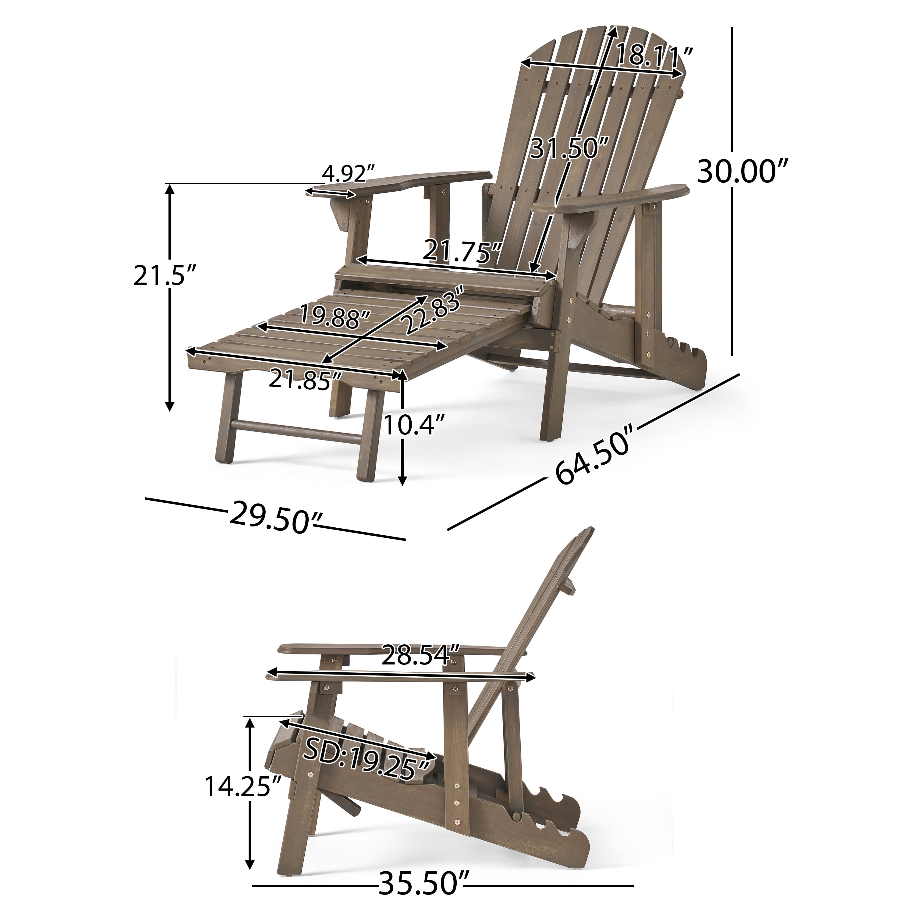 Kono Outdoor Acacia Wood Reclining Adirondack Chair with Footrest, Set of 2, Gray