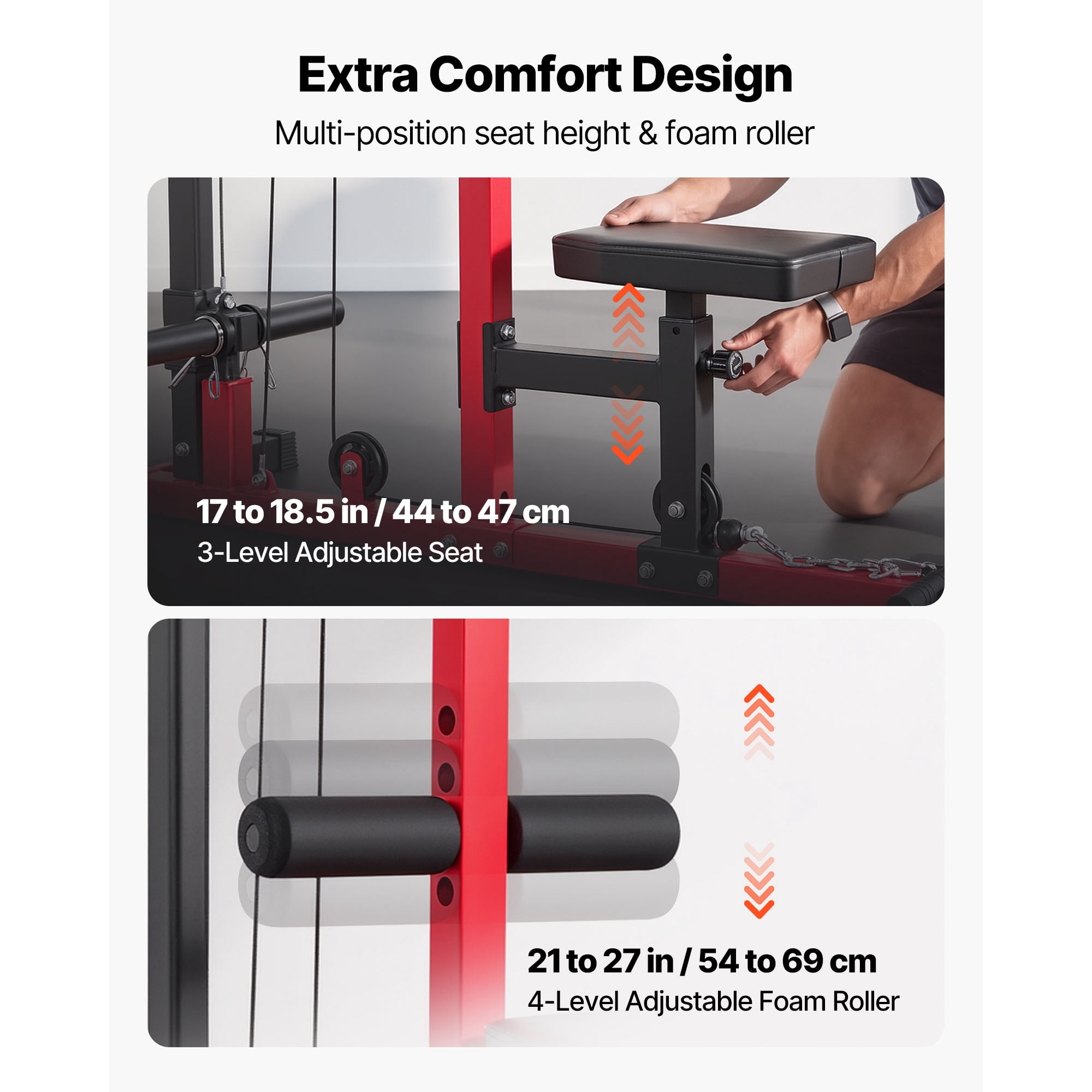 KFFKFF 2-in-1 LAT Pull Down and Row Machine, Adjustable Cable System for Home Gym, Features 3-Level Seat and 4-Level Foam Roller, Supports Up to 500 lbs, Ideal for Back, Chest, Black and Red