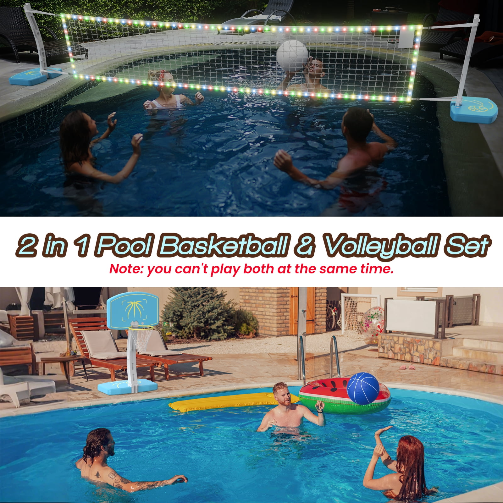 COLIKES 2-in-1 Pool Basketball Hoop Poolside and LED Volleyball Net Combo, Light up Adjustable Volleyball Net, Stainless Basketball Goal, Inground Swimming Water Sports Toy Games for Adults & Teens