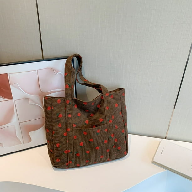 Bolsa de almacenamiento de pana estampada, de gran capacidad, con detalle de lona de fresa | Bolso de mano ligero y moderno para viajes, compras y uso diario.