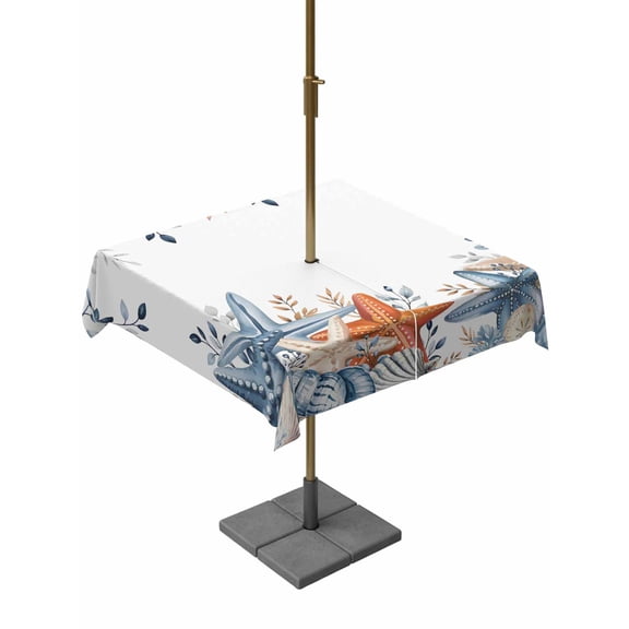 Orange Blue Starfish Coastal Outdoor Tablecloth - 60x60 Inch Square Dining Table Cover, Nautical Beach Eucalyptus Waterproof Outdoor Table Cloth with Umbrella Hole & Zipper for Picnic/Patio/Party
