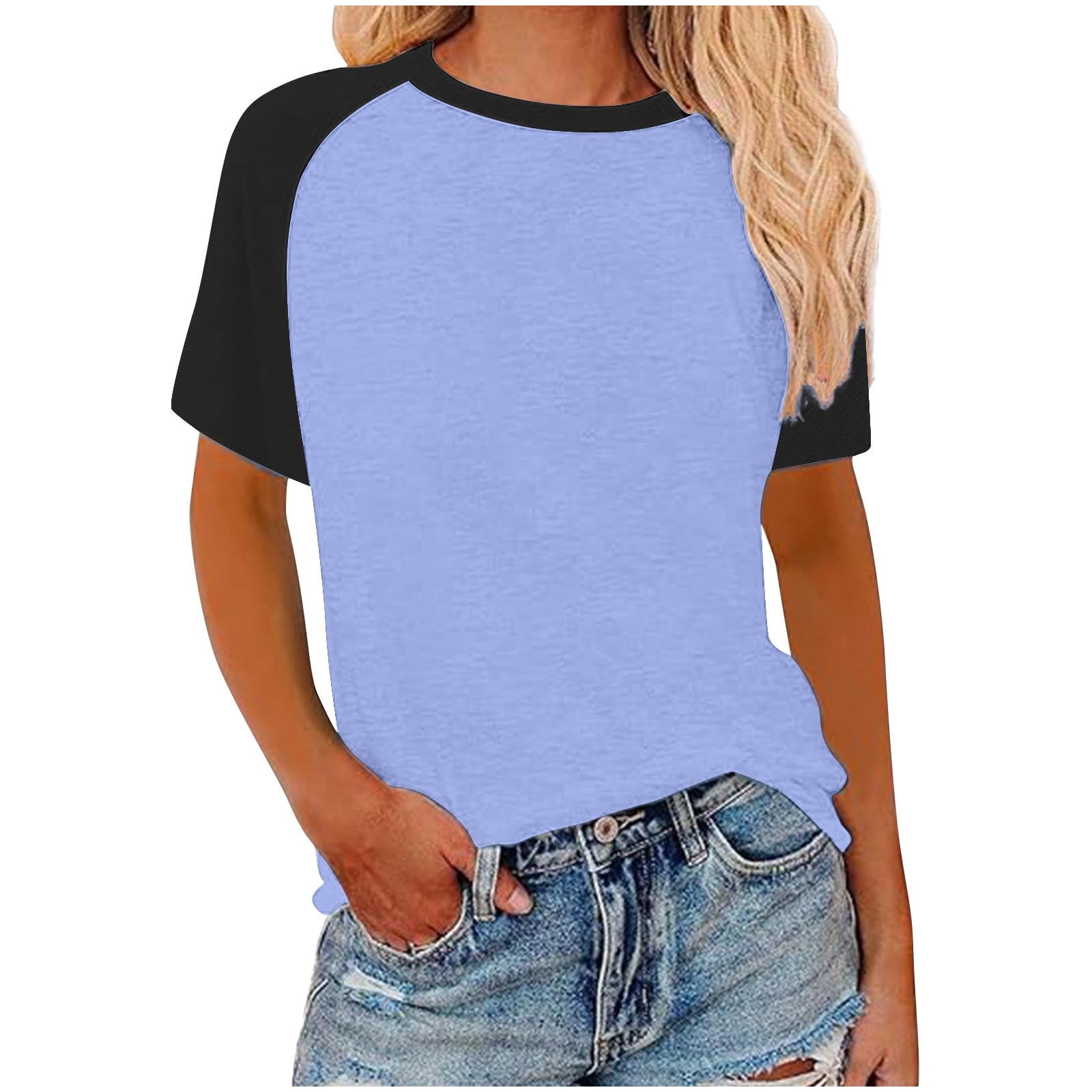 Plus Size Summer Floral T-Shirt – Color Block Crew Neck Short Sleeve Top In Size 4X (26W)