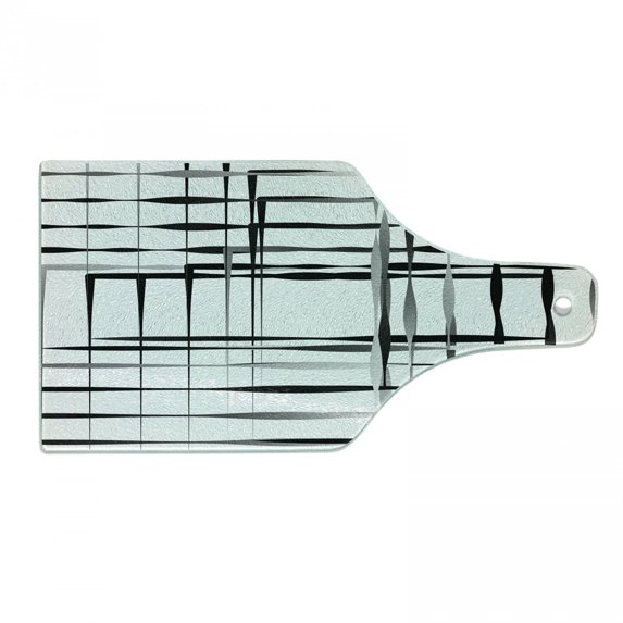 Modern Art Cutting Board, Minimalist Image Simplistic Spaces and Spare Asymmetric Grids Lines, Decorative Tempered Glass Cutting and Serving Board, Wine Bottle Shape, Black White, by Ambesonne