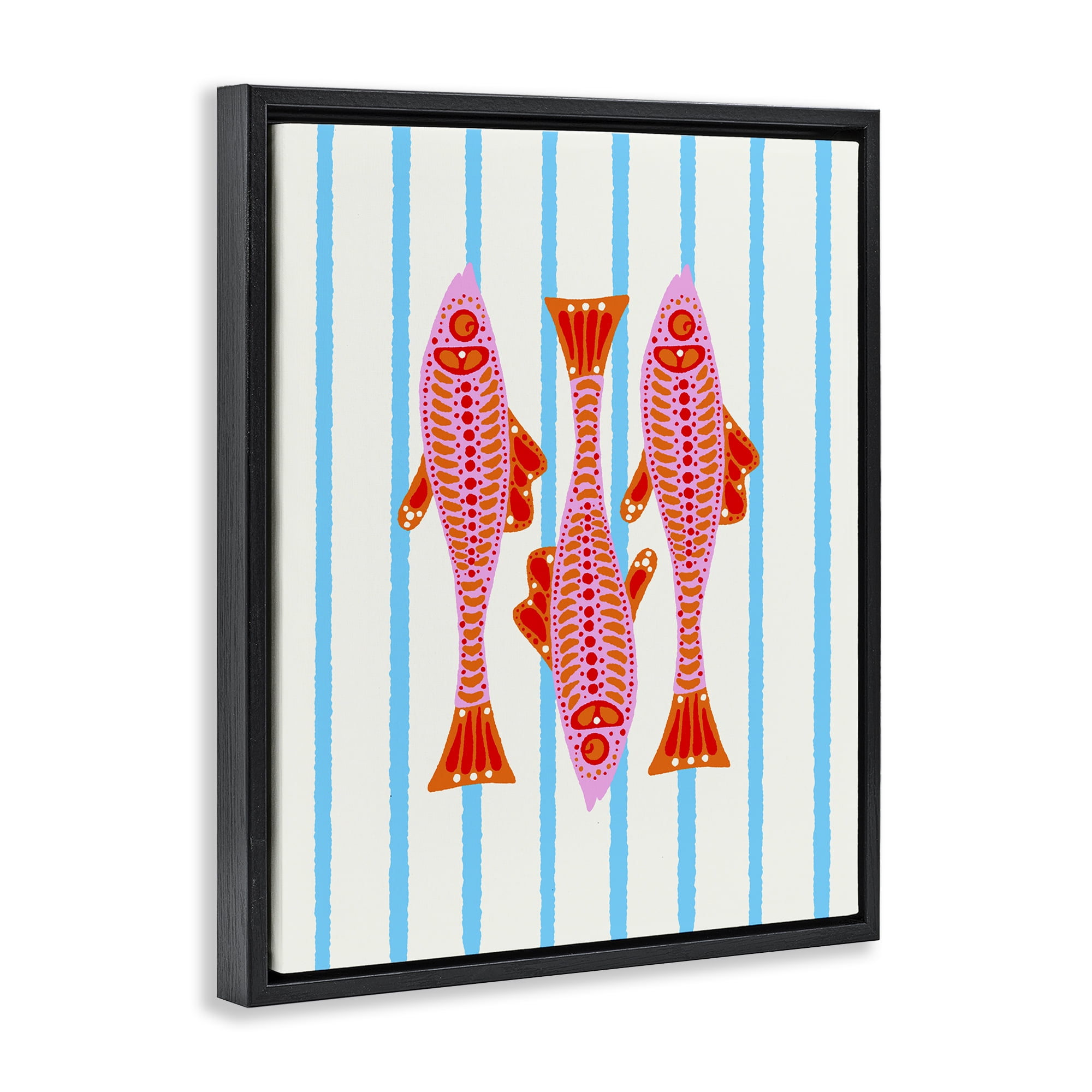 Stupell Industries Bright Aquatic Fish on Stripes Black Framed Floater Canvas Wall Art, design by Indira Prieto | IndySign