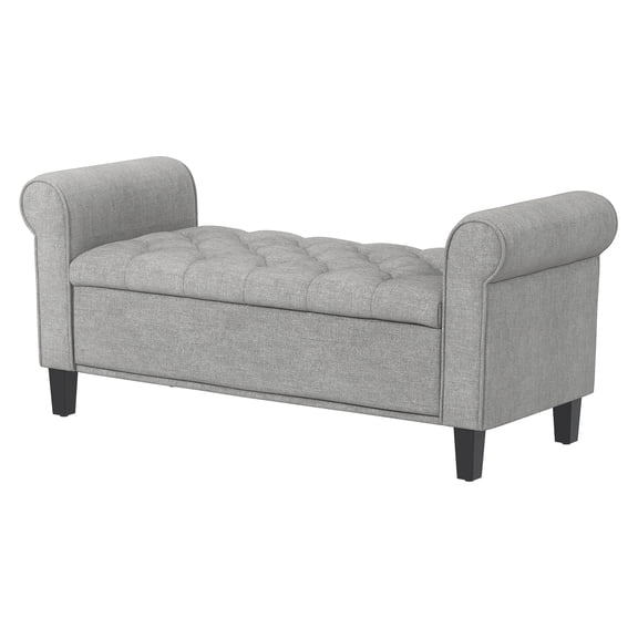 50 Inch Storage Ottoman, End of Bed Bench with Rolled Arms, Gray - Button Tufted Living Room Bench, Wood Legs, Hidden Storage