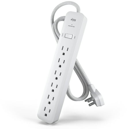 KMC Surge Protector Power Strip, 6-Outlet, 2-Pack, 4-Foot Braided Cord, 1080 Joules, Flat Plug, White