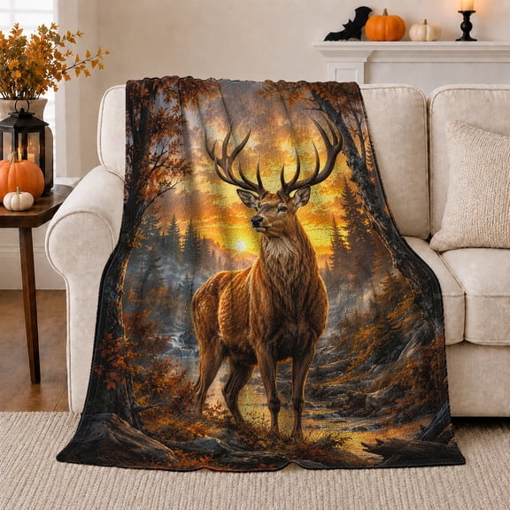 Majestic Stag in Autumn Forest with Mountain Stream, Dramatic Rustic Wildlife Style for Deer Lovers, Warm Flannel Blanket for Cabin and Lodge, Father's Day Gift, Home Decor