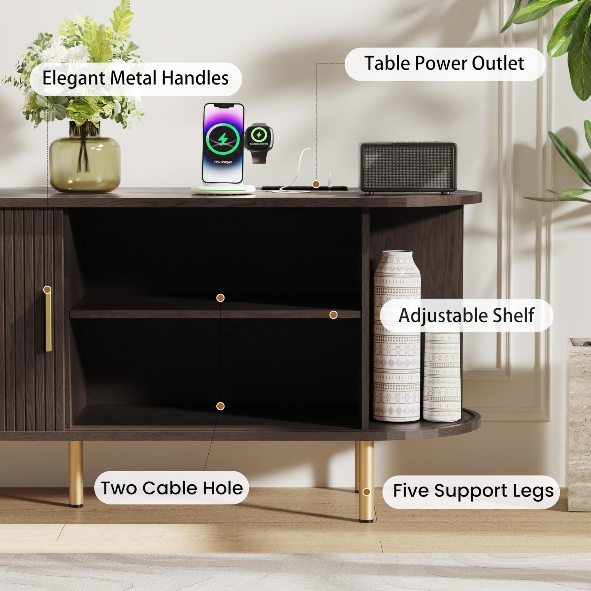 55 Inch Mid Century Modern TV Stand with Power Outlet, Fluted Media Console with Sliding Doors for TVs up to 60 Inch, Coffee