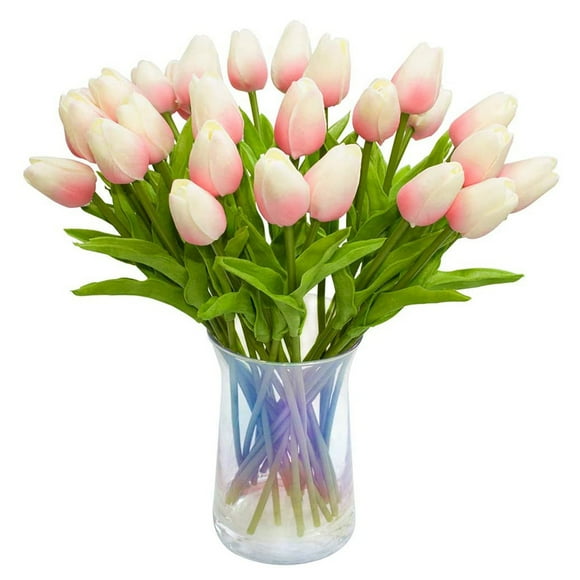 30 Piezas de Flores de Tulipanes Artificiales Tulipanes de Tacto Real Ramo de Tulipanes de PU de Holanda Falsa Flor de LáTex TulipáN Blanco (Rosa Claro)