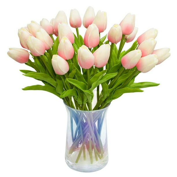 30 Piezas de Flores de Tulipanes Artificiales Tulipanes de Tacto Real Ramo de Tulipanes de PU de Holanda Falsa Flor de LáTex TulipáN Blanco (Rosa Claro)