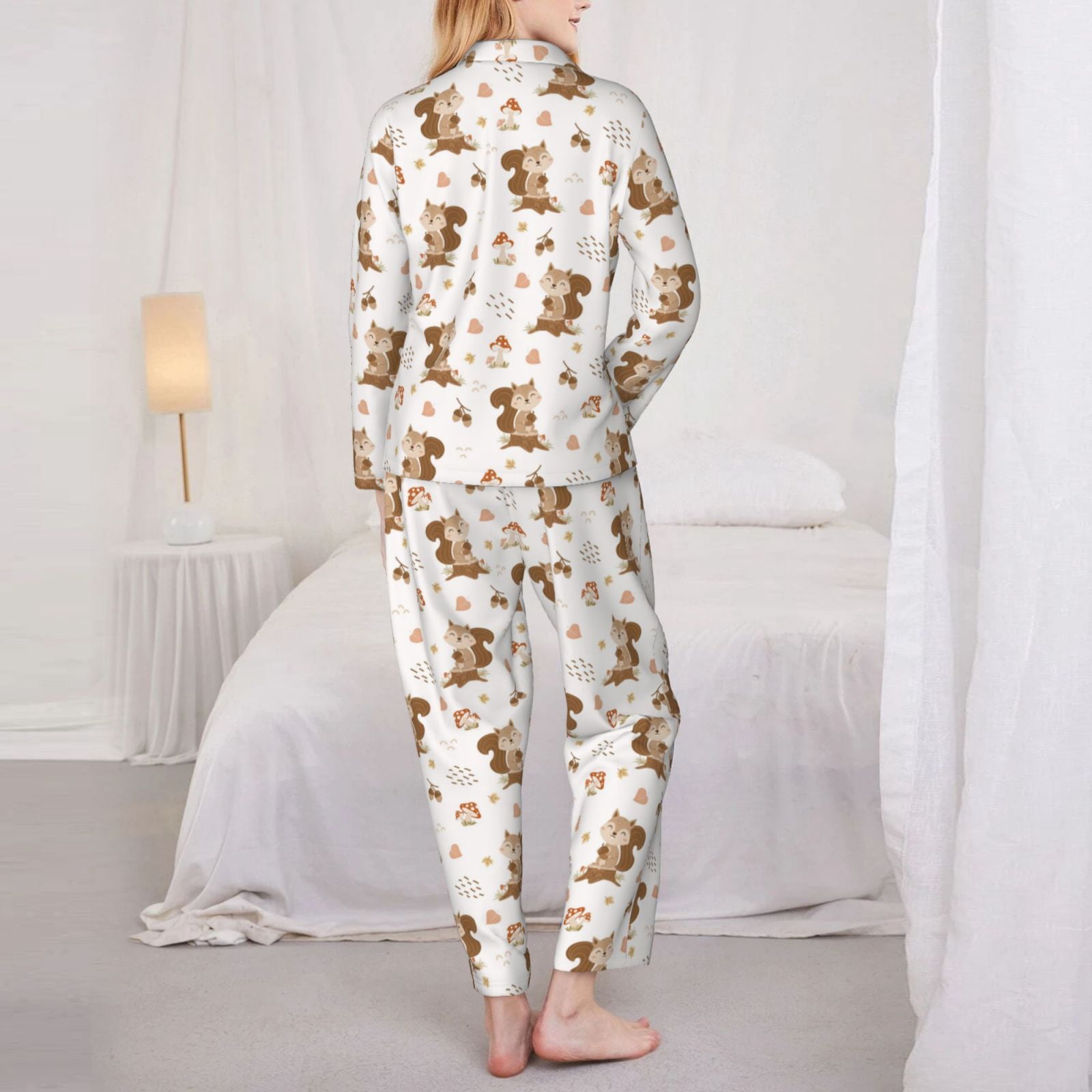 Fustylead Women's Floral Pajama Set - Short Sleeve Top & Shorts, Drawstring Waist, Pockets, Lovely Brown Bear Print - View #6