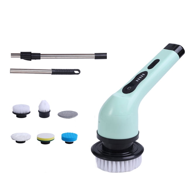 Cordless Electric Power Scrubber with 2-Speed Settings, 2000mAh Rechargeable Battery & Telescopic Handle - 6 Interchangeable Brushes for Kitchen, Bathroom, Glass, Car Cleaning - Green ABS