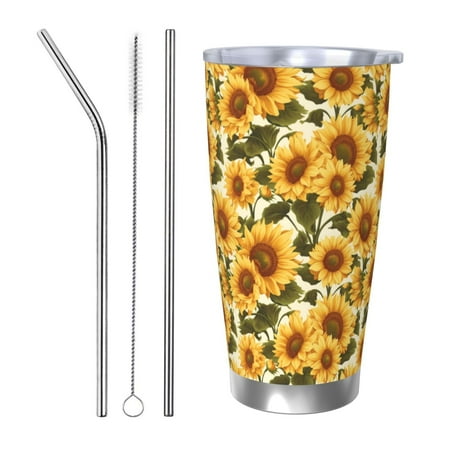 

Susaid Romantic Elegant Sunflower Print 20oz Car Cup Insulated Coffee Cup Fully Spill Proof Travel Coffee Mug Stainless Steel Tumbler for Work Home Outdoor Car-Straw Three-piece Set