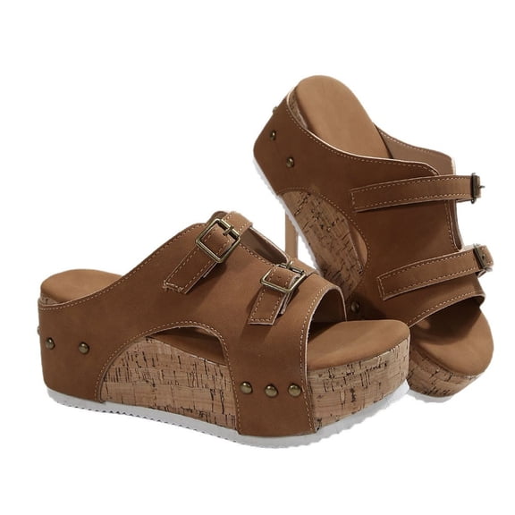 THDHVS Womens Wedge Sandals,Summer Sandals for Women 2025,Women's Fashion Casual Belt Buckle Open Toe Spring and Summer Wedge Sandals Brown 6.5