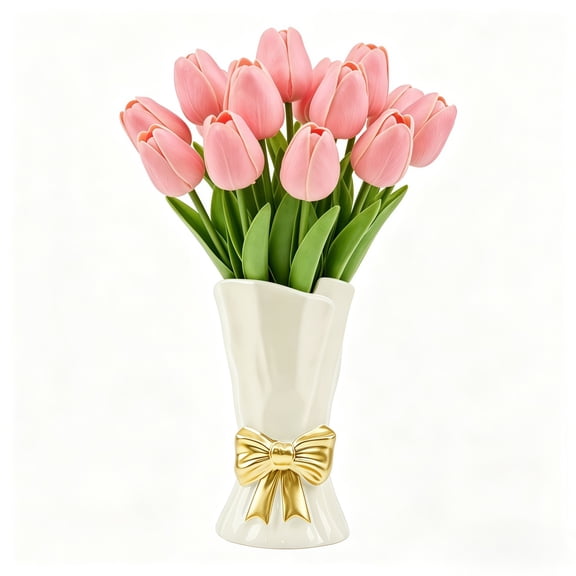 9.3 inch White Ceramic Vase with Bow, Decorative Flower Centerpiece for Table
