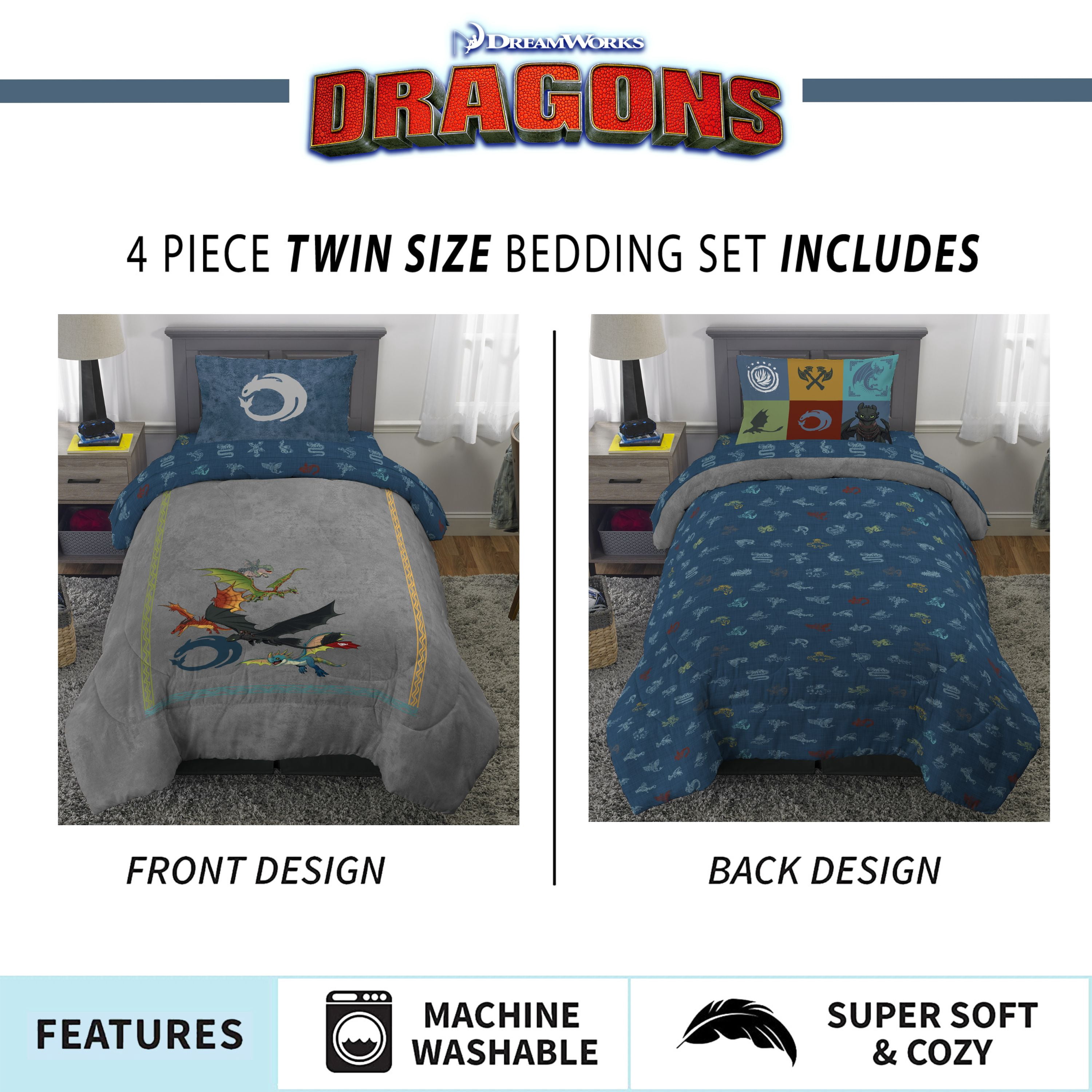 How to Train Your Dragon Kids Twin Bed in a Bag, 4-Piece Bedding Set, Comforter and Sheets