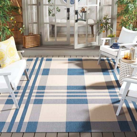 Safavieh Courtyard Benjamin Plaid Indoor/Outdoor Area Rug, Beige/Blue, 9' x 12'