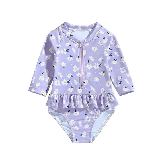 WRKEKC Girls One Piece Swimsuit Floral Print Long Sleeve Sun Protective Swimwear Quick Dry UPF 50 2-6 Years