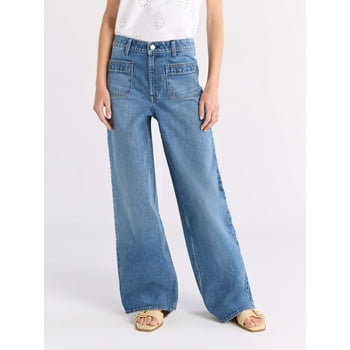 Free Assembly Women's and Women's Plus Wide Leg Jeans with Patch Pockets, 30", 32", and 34" Inseams, Sizes 0-26 Plus