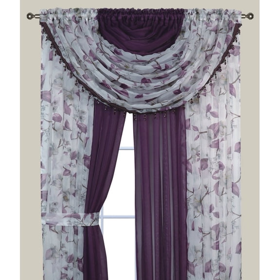 Plume D' Home Two-Tone curtains with attached valances and tiebacks Lorena (Floral Purple)