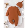 thumbnail image 3 of Infant Baby 2Pcs Fall Outfits Long Sleeve Round Neck Button Up Jumpsuit with Hat Set, 3 of 8