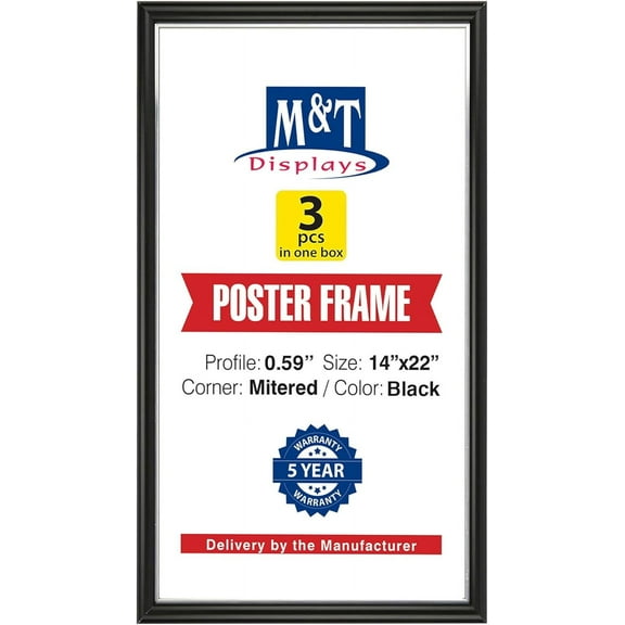 M&T Displays Snap Poster Frame 14x22 Inch Black 0.59" Aluminum Profile Front Loading Wall Mounting Picture Photo Document Certificate Sign Holder Mitered Corner Anti Glare Cover - 3 Pack