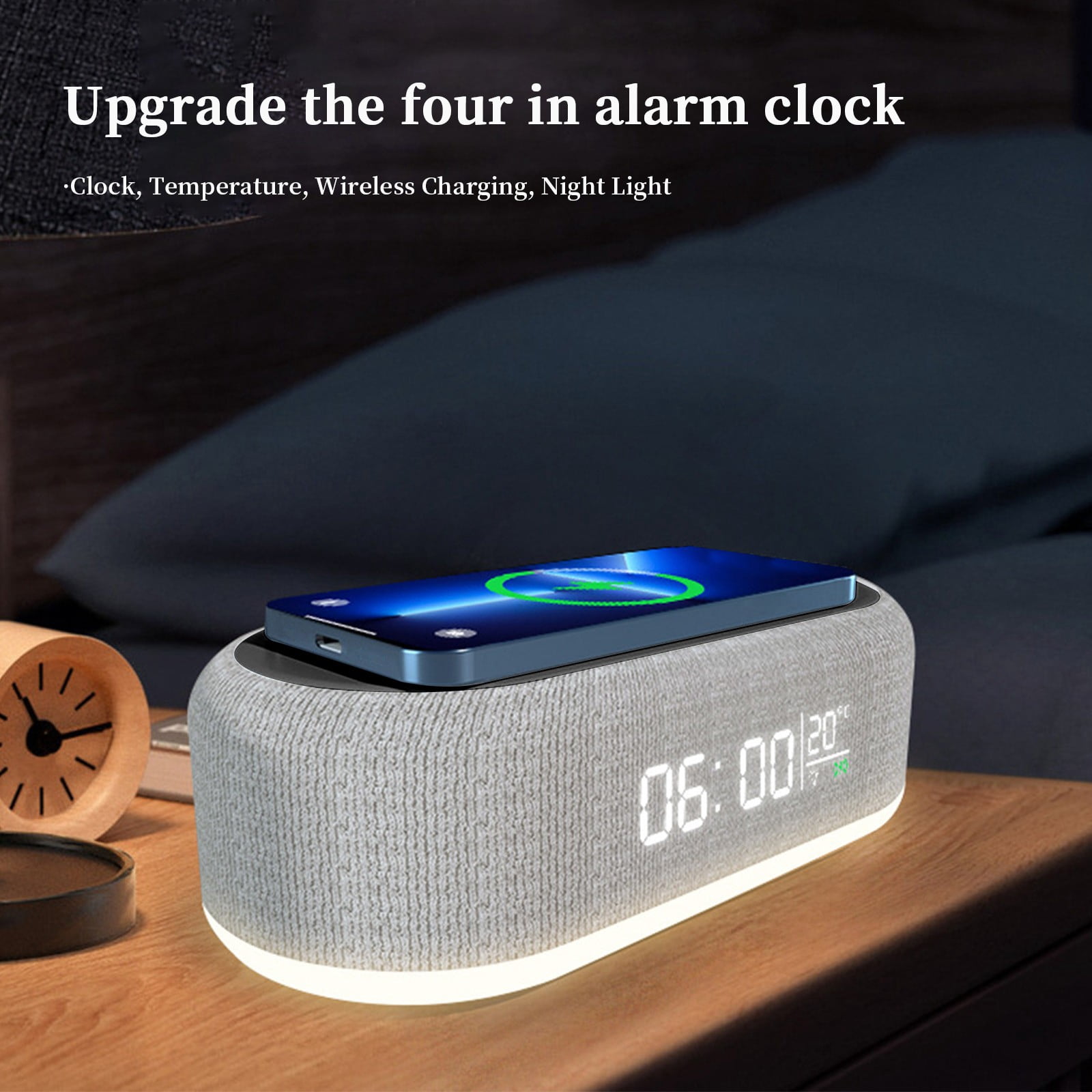 4-in-1 Digital Alarm Clock with Wireless Charging, 15W Fast Charger Station, Wireless Charging Alarm Clocks for Bedroom Bedside Sleeping, with Temperature Display, Brightness Dimmer