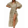 thumbnail image 2 of Womens Loose Fit Casual Summer V Neck Lace-Up Half Sleeve Bohemian Geometric Pattern Midi Dresses Olive Green XXL, 2 of 6