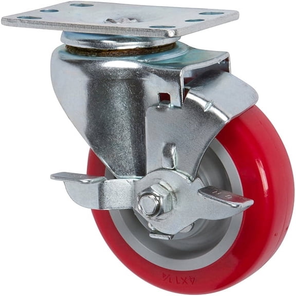 3 inch x 1.25 inch PLY Polyurethane Light Duty Industrial Non-Marking Top Plate Caster, 1 Swivel Top Lock Brake Caster, 250 LBS Load Capacity, RED (Single) - ICON 5000 Series