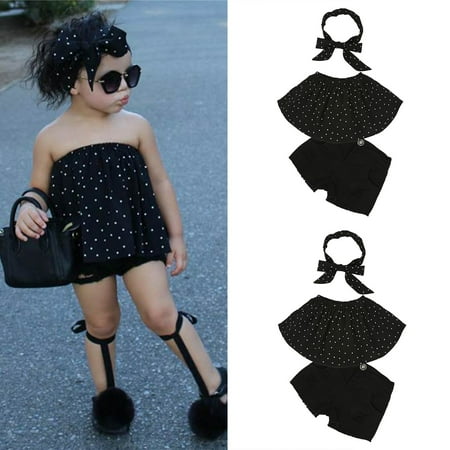 

Toddler KIds Gilrs Fashion Dots Prints One Shoulder Top Jeans Shorts Hairband 3pcs Outfit Set Clothes